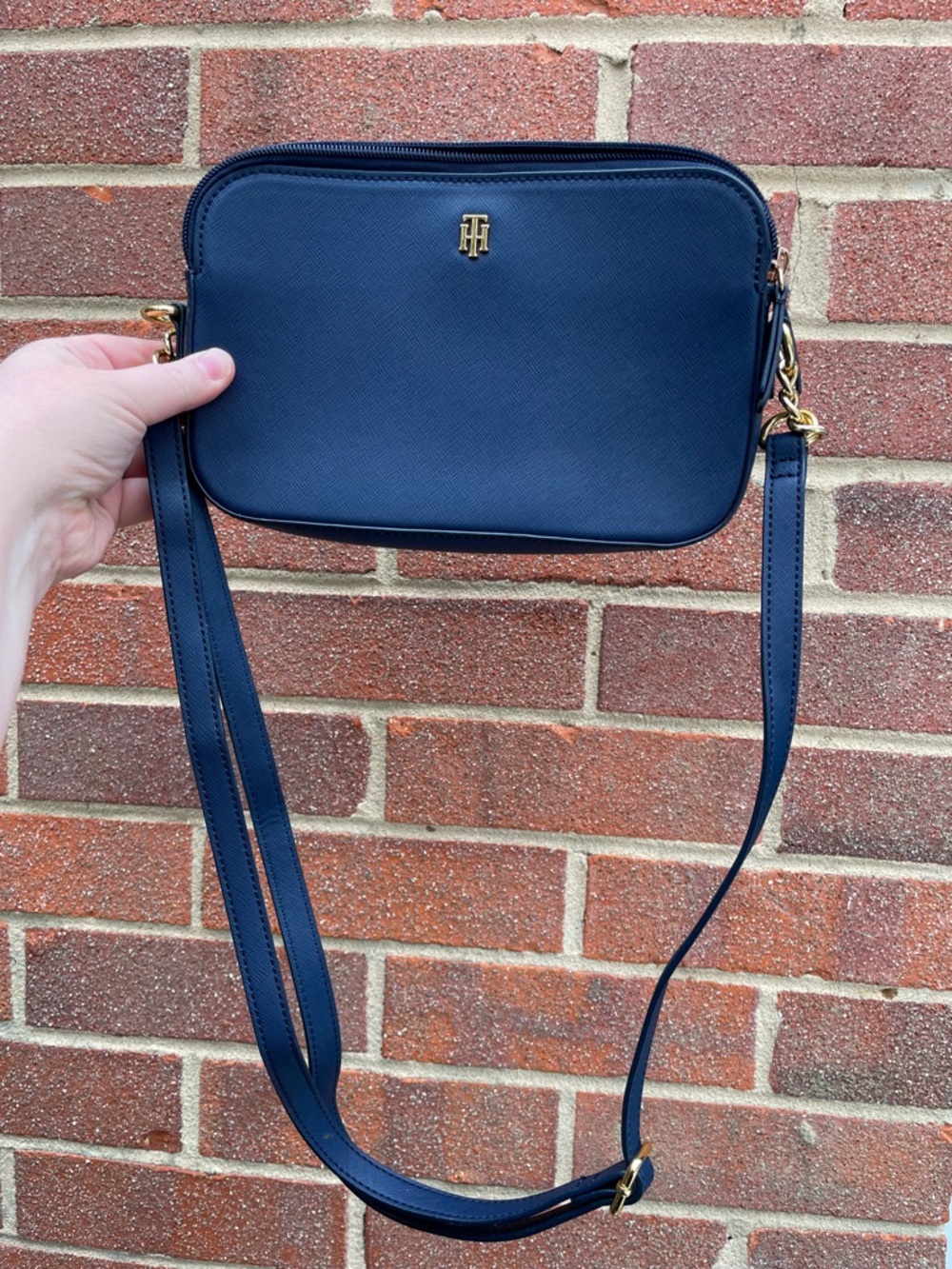 Tommy Hilfiger Blue Crossbody Bag Vinyl Double Zipper Gold Accents - EUC